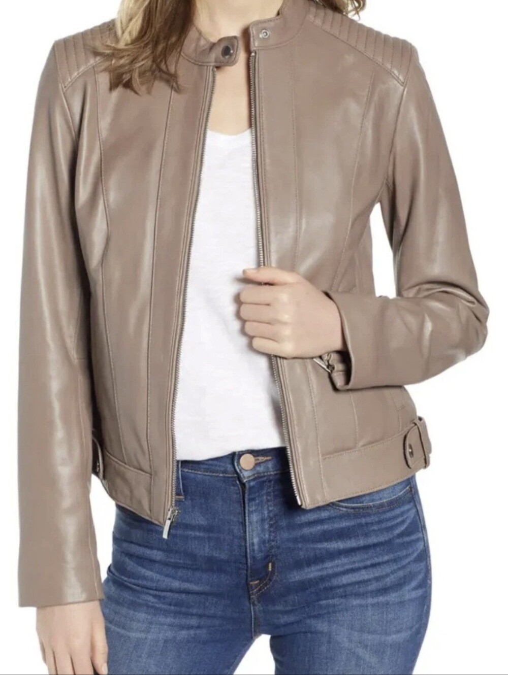 Cole Haan Women's Genuine Leather Taupe Racer Jacket Size XS/TP